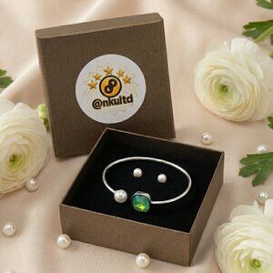 18K White Gold Plated Open Cuff Bangle Bracelet Pearl & Green Crystal Accent